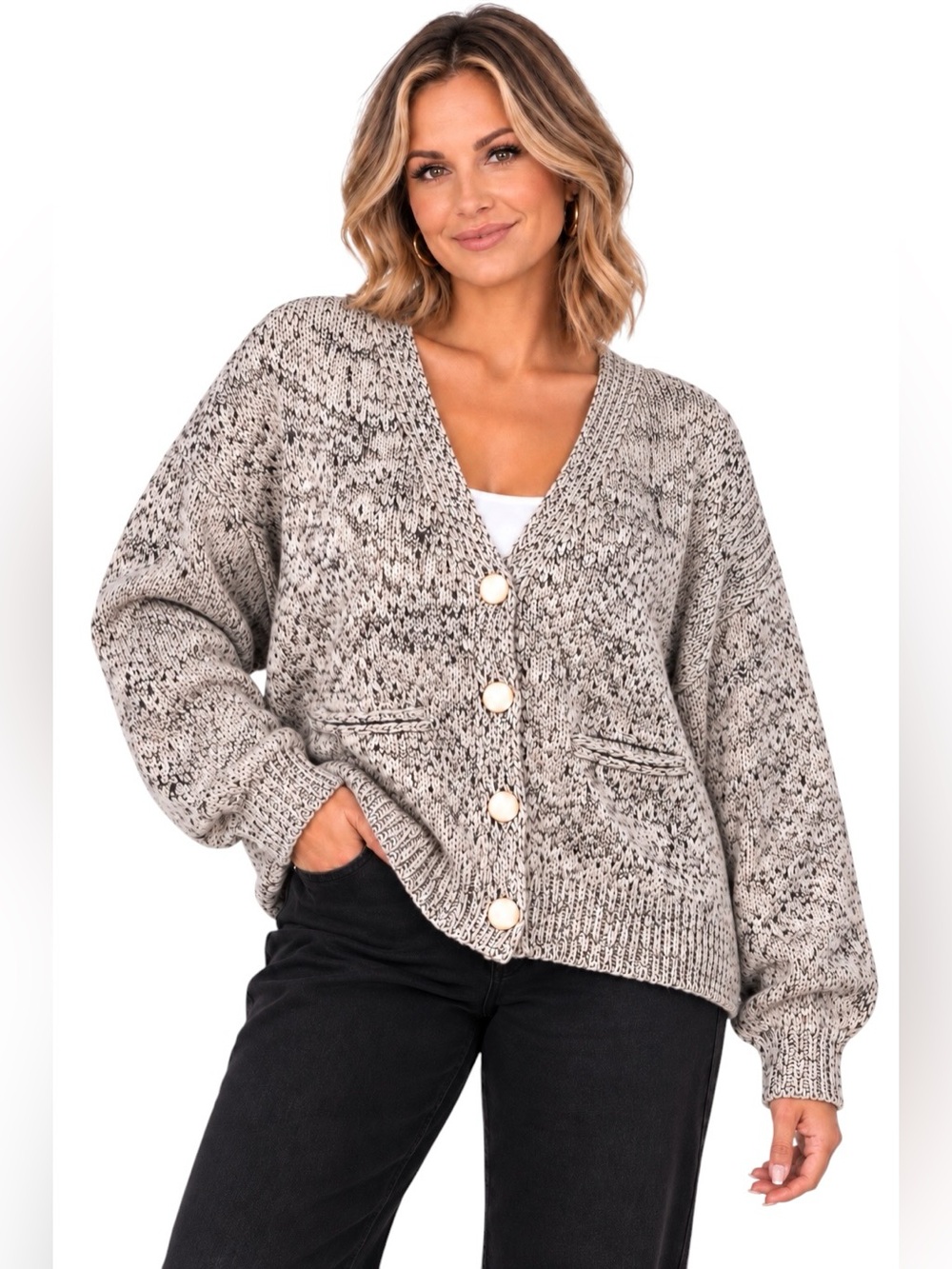 HALOGEN Marled Yarn V-Neck Cardigan Birch Black Gold Buttons XXL